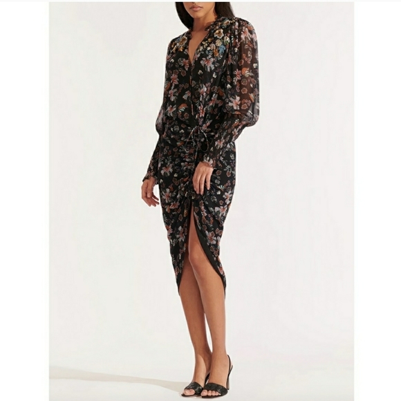 Veronica Beard Shaia Embellished Ruched Ruffle Sleeve Dress in Black Multi Sz 6 - Picture 3 of 13